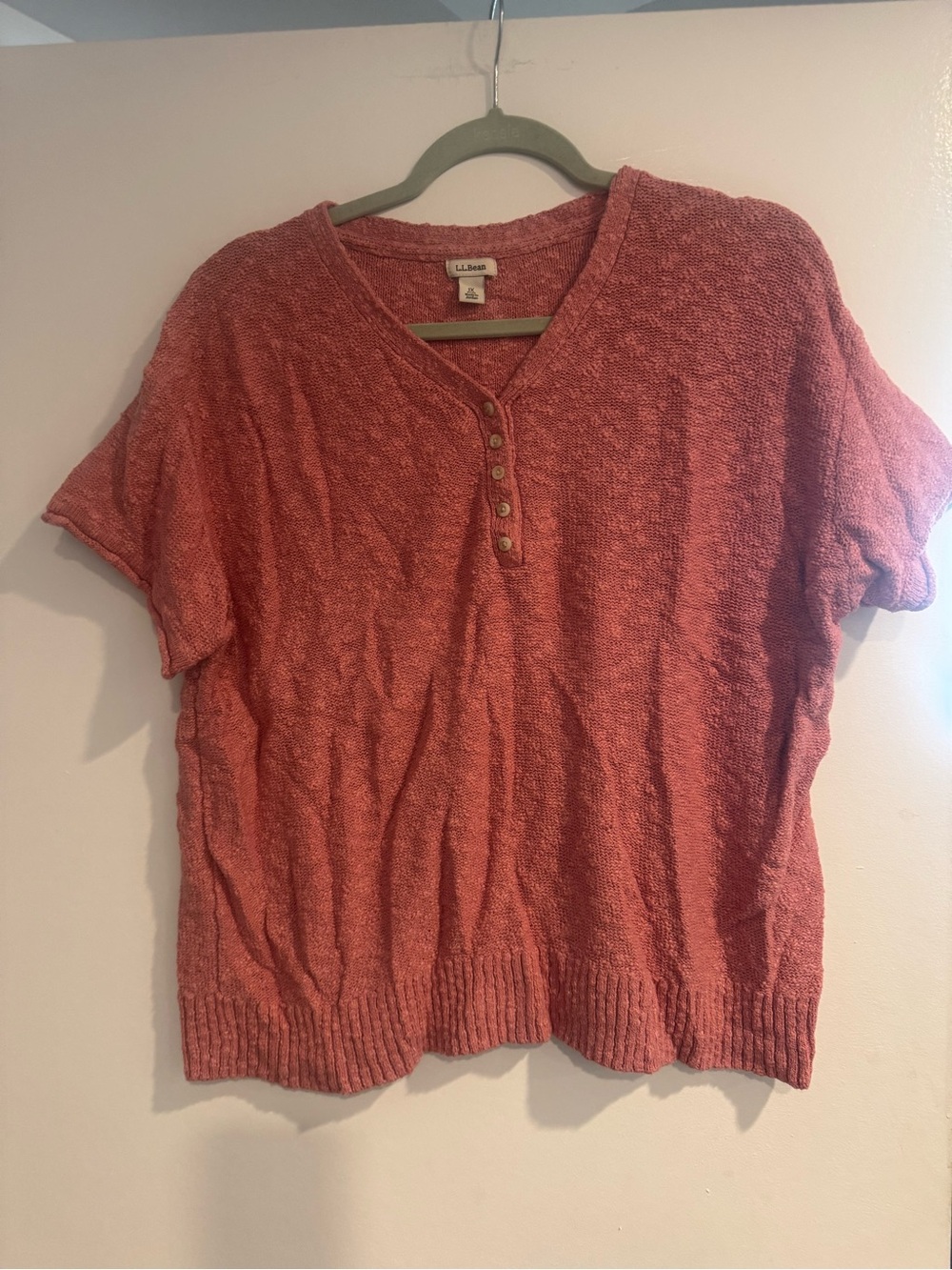 L.L. Bean Women's Coral Short Sleeve Henley Top 1X Plus Size 100% Cotton